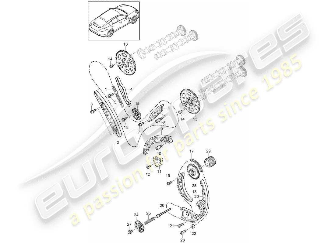 porsche 2010 (panamera 970) timing chain slide rail chain tensioner chain sprocket part diagram