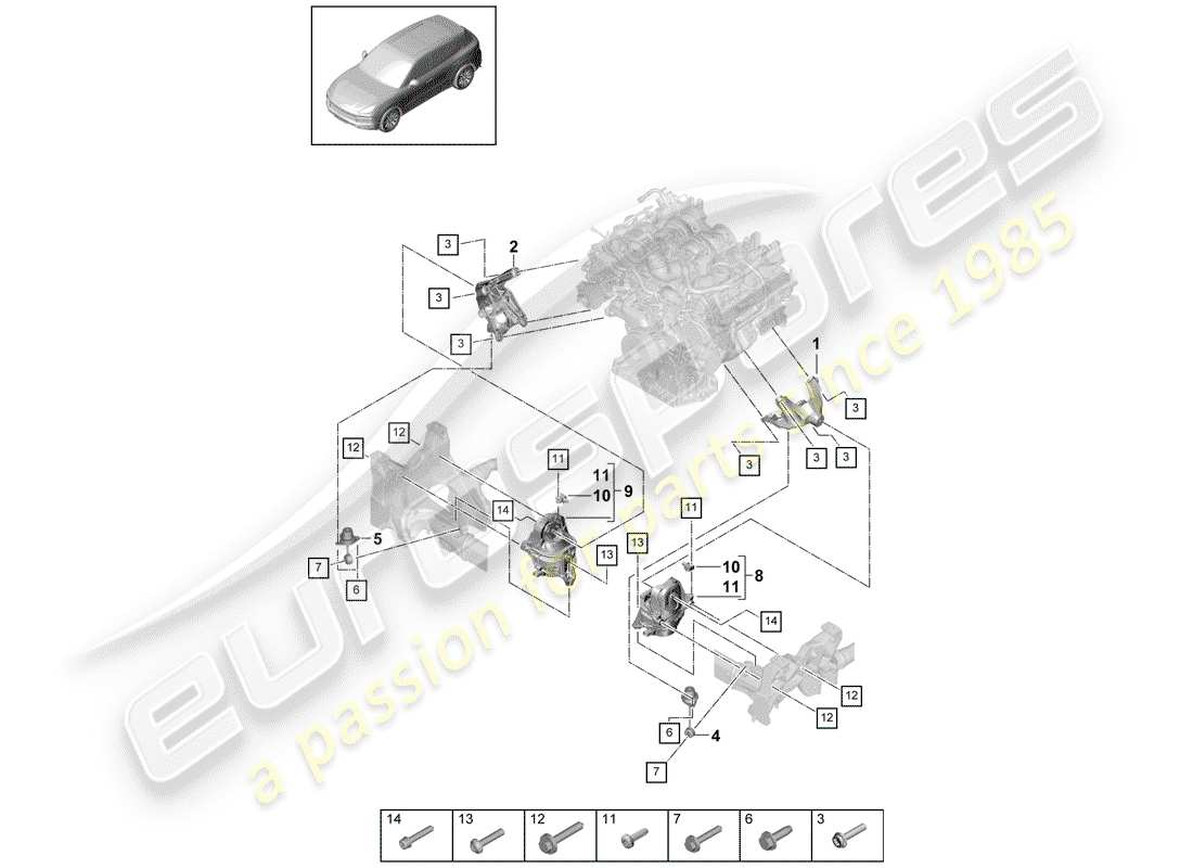 porsche 2019 (cayenne e3 9ya/9yb) engine lifting tackle lower console for engine mounting engine mounting parts diagram