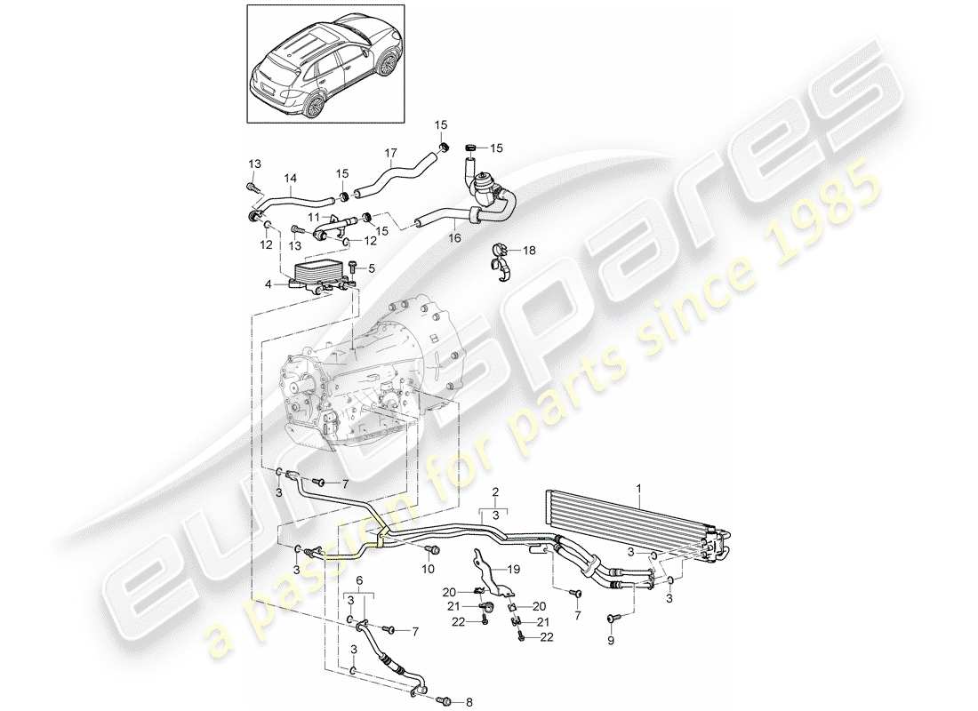 porsche 2018 (cayenne e2 92a) tiptronic gear oil cooler coolant cooling system oil pipe part diagram
