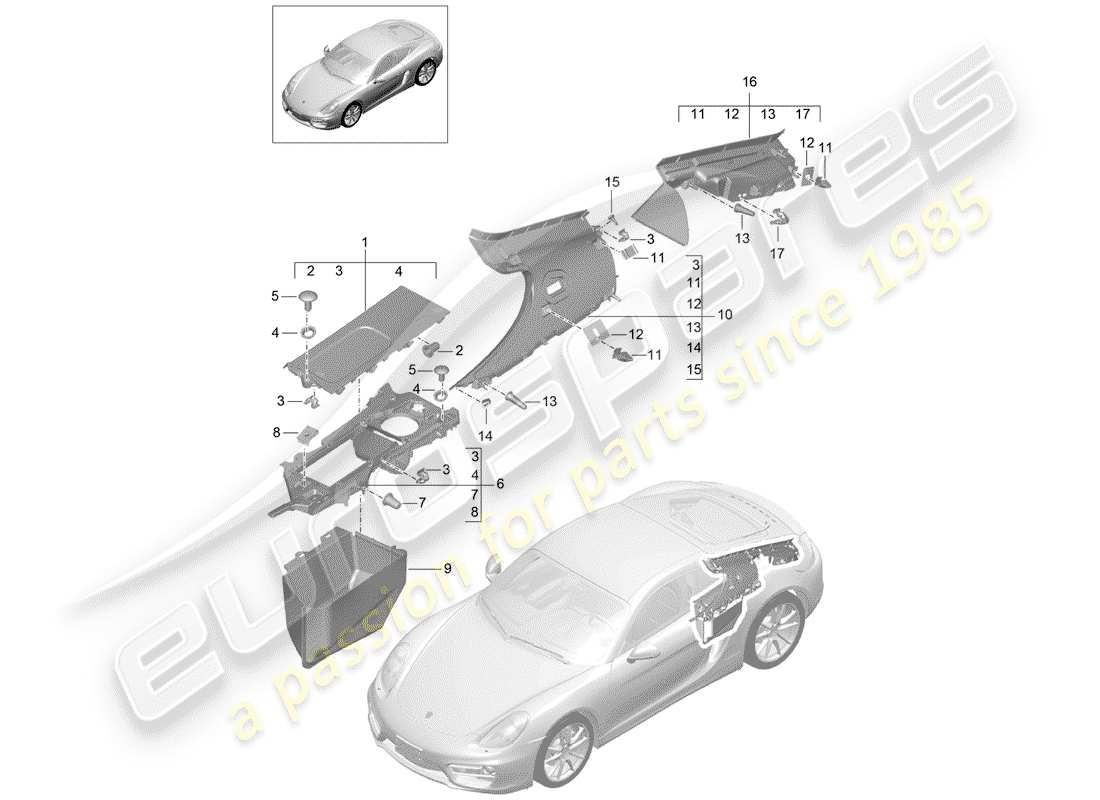 porsche 2014 (981 cayman) trims side engine bay rear part diagram