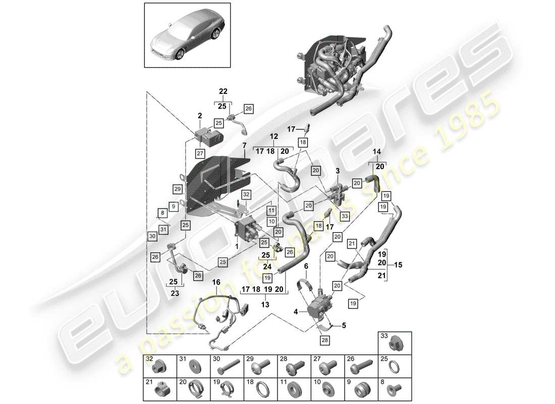 porsche 2019 (panamera 971-1) evaporator hybrid battery coolant cooling system part diagram