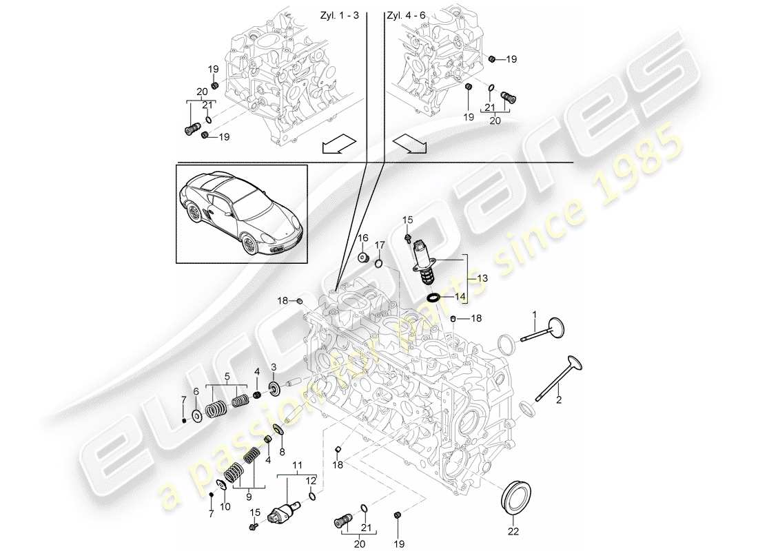 porsche 2010 (987 cayman) cylinder head accessories inlet/outlet valve part diagram