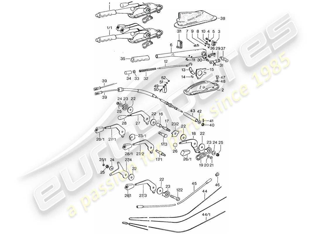 porsche 911 (1975) operating lever - handbrake - manual throttle part diagram