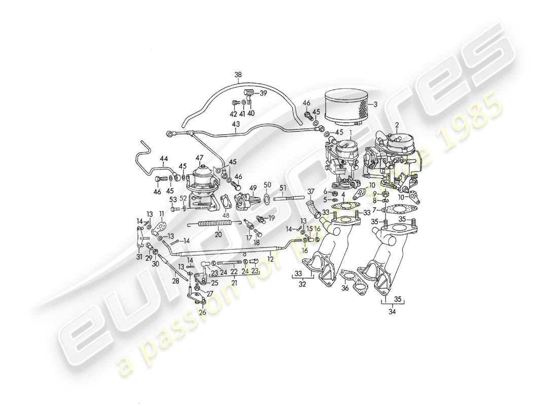 porsche 1950 (356/356a) carburetor - solex 32pbj - solex 40pjcb - and - fuel supply line part diagram