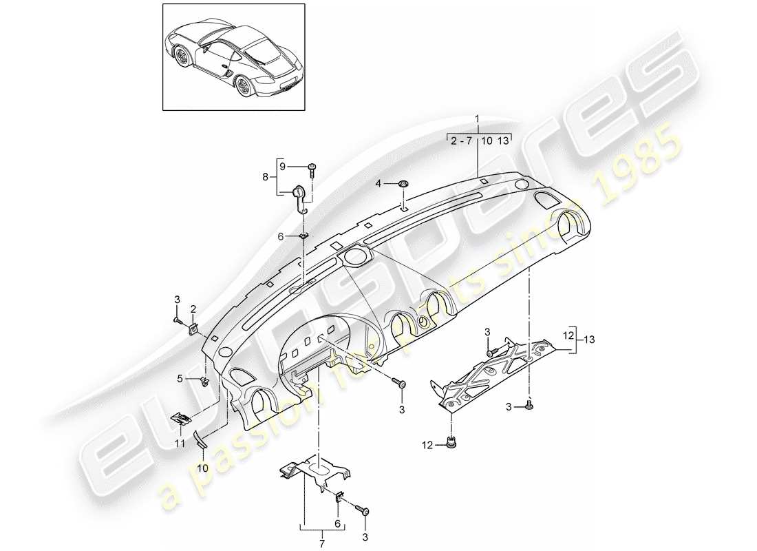 porsche 2012 (987 cayman) instrument panel trim upper part with: fasteners part diagram