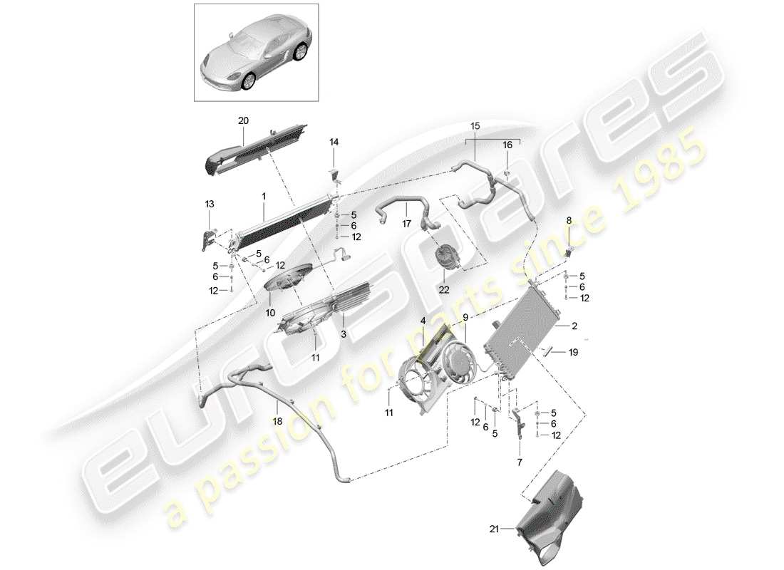 porsche 2017 (718 cayman) coolant cooling system cooler for coolant radiator fan rear end part diagram
