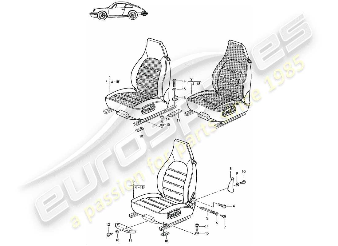 porsche seat 944/968/911/928 (1985) front seat - complete - all-electric - elect. vertical adjustment - - d - mj 1987>> - mj 1989 parts diagram