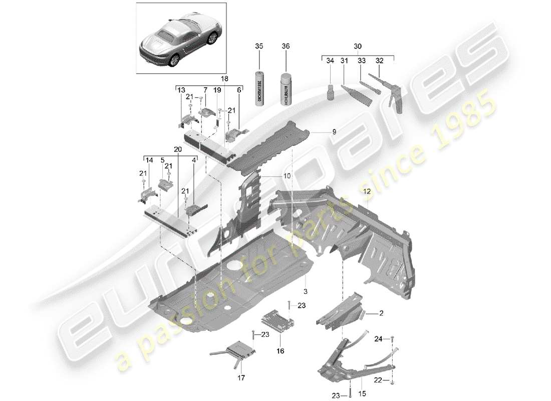 porsche 2020 (718 boxster) floor plates center parts diagram