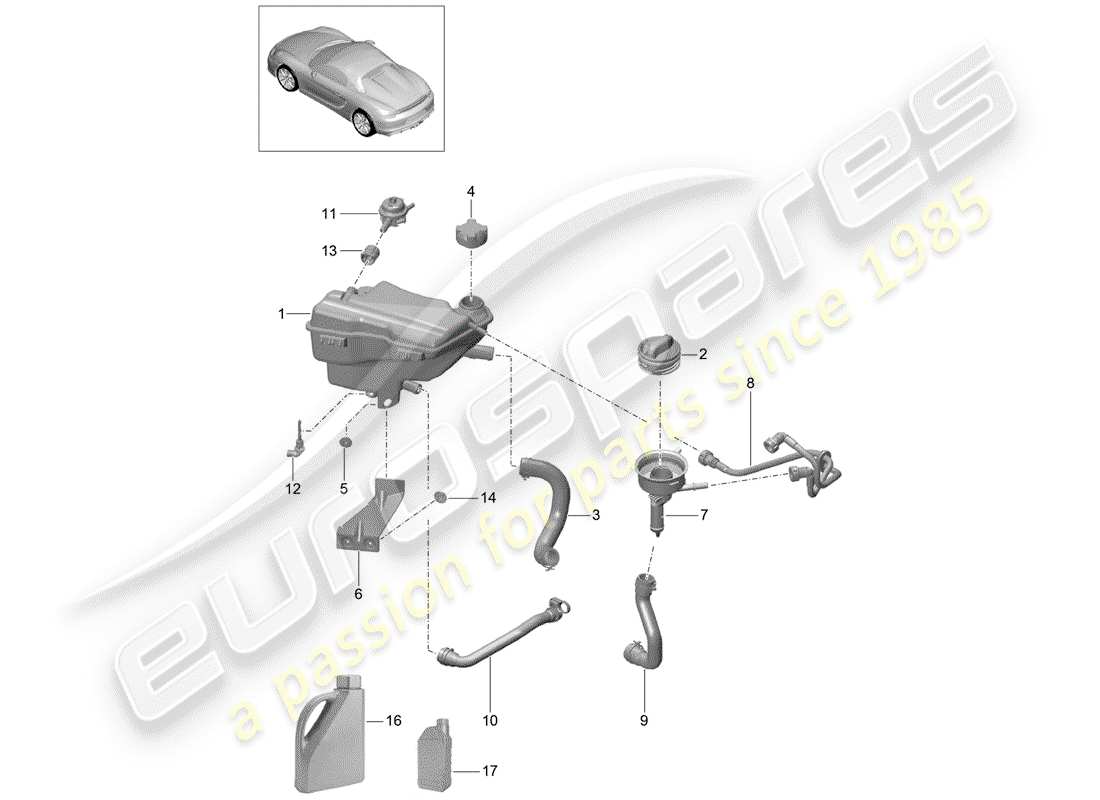 porsche 2016 (981 boxster spyder) coolant cooling system fluid reservoir parts diagram