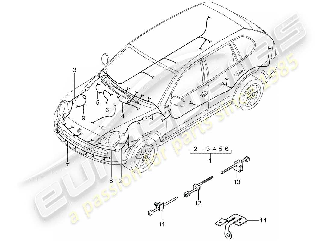 porsche 2006 (cayenne e1 9pa) wiring looms passenger compartment bumper front end anti-locking brake syst. -abs- brake pad wear display front axle part diagram