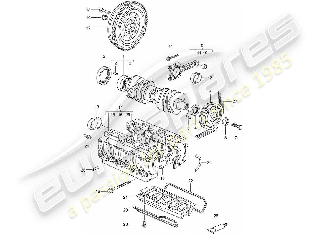 porsche 1997 (986 boxster) crankshaft dual-mass flywheel poly-v-belt crank drive part diagram