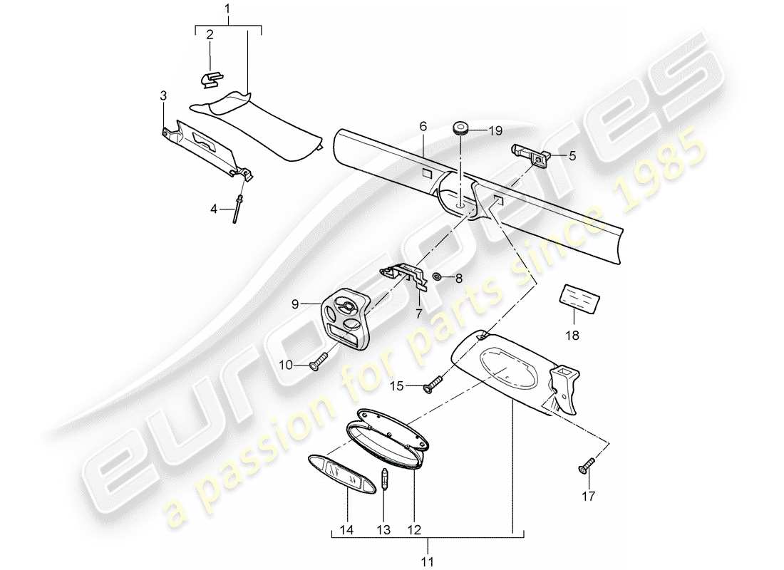 porsche 2004 (986 boxster) windshield frame sun vizors parts diagram
