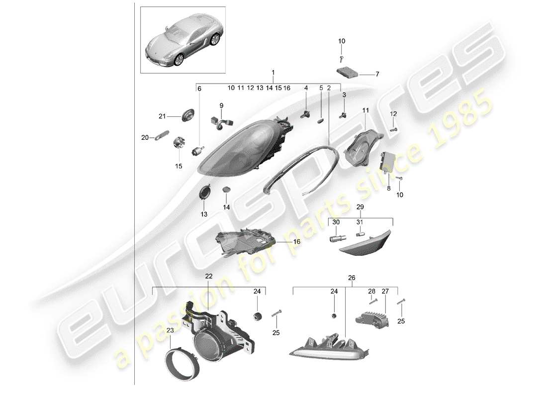 porsche 2014 (981 cayman) headlights with: (cornering light) dynamic additional headlight turn signal indicator side marker light turn signal repeater part diagram