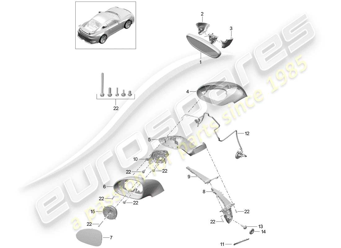 porsche 991r/gt3/rs (2014) rear view mirror inner parts diagram