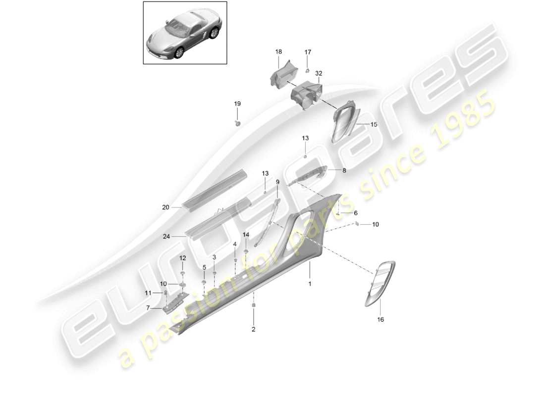 porsche 2017 (718 boxster) side member trim and air guide engine bay parts diagram