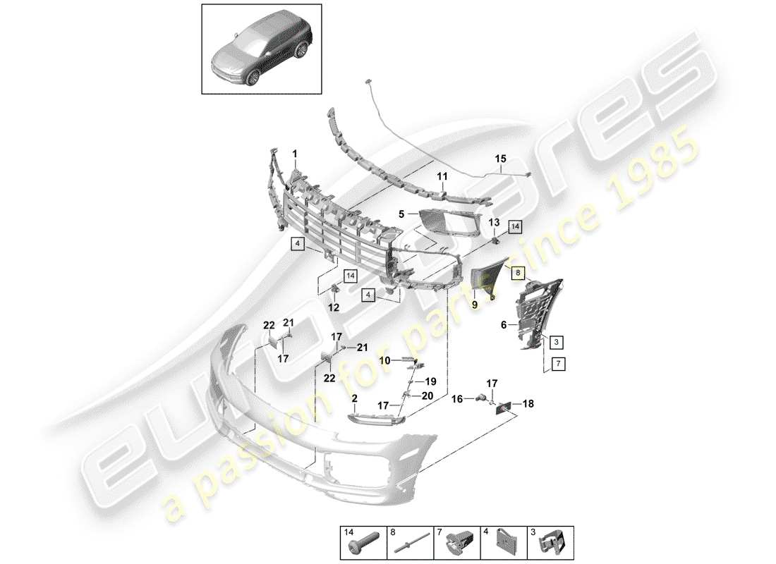 porsche 2020 (cayenne e3 9ya/9yb) bumper turbo individual parts and fasteners part diagram