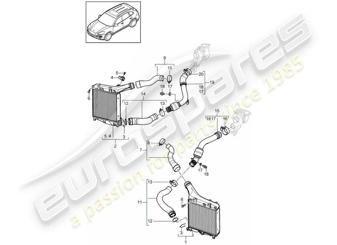 porsche 2018 (cayenne e2 92a) charge air cooler pressure pipe part diagram