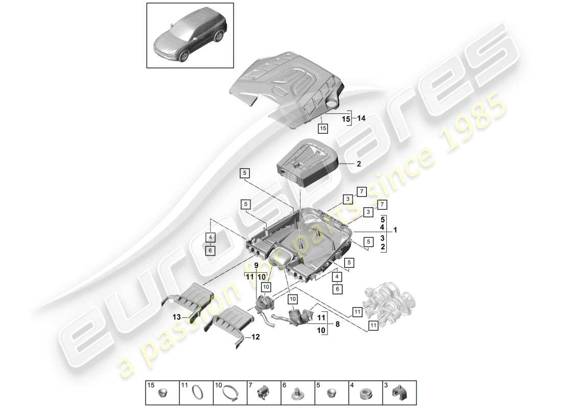porsche 2020 (cayenne e3 9ya/9yb) air filter with connecting parts engine cover part diagram