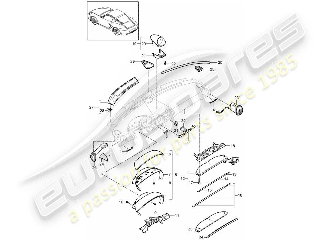 porsche 2009 (987 cayman) instrument panel trim upper part with: accessories part diagram
