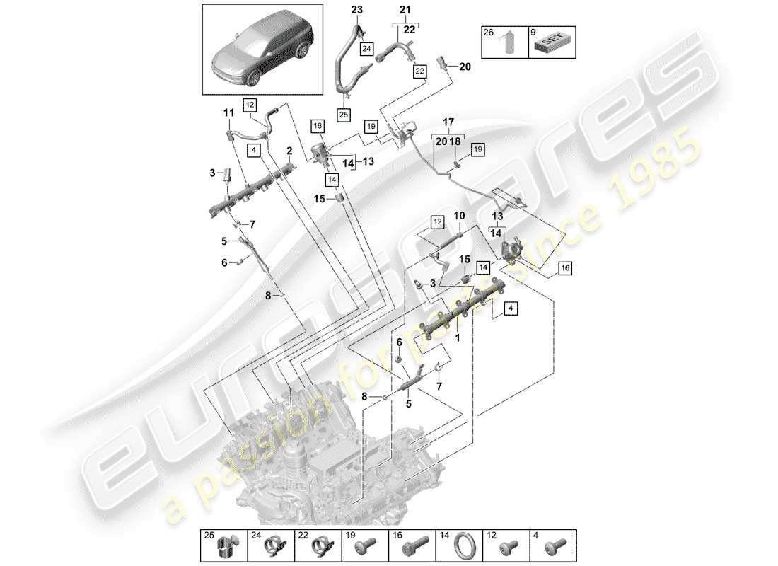 porsche 2020 (cayenne e3 9ya/9yb) fuel collection pipe high-pressure injector high pressure pump part diagram