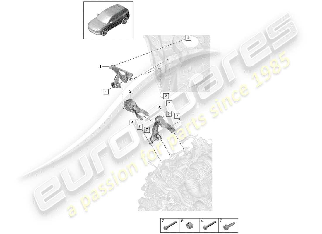 porsche 2020 (cayenne e3 9ya/9yb) engine lifting tackle upper engine support part diagram