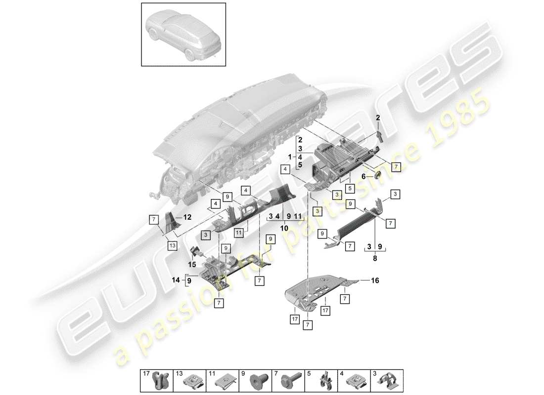 porsche 2019 (cayenne e3 9ya/9yb) instrument panel trim lower accessories parts diagram