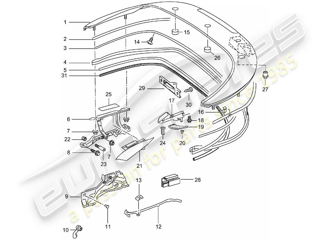 porsche 2004 (996 turbo / gt2) top stowage box - cover - gaskets part diagram