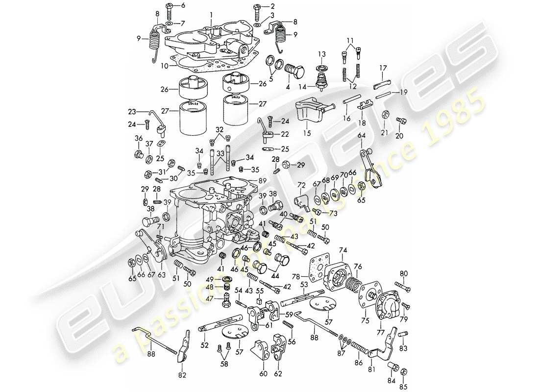 porsche 1969 (911/912) single parts - for - carburetor - solex-40 pii-4 - with: - throttle shaft - divided part diagram