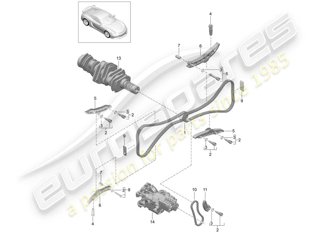 porsche 2016 (981 cayman gt4) engine control timing chain w/ tension rail part diagram
