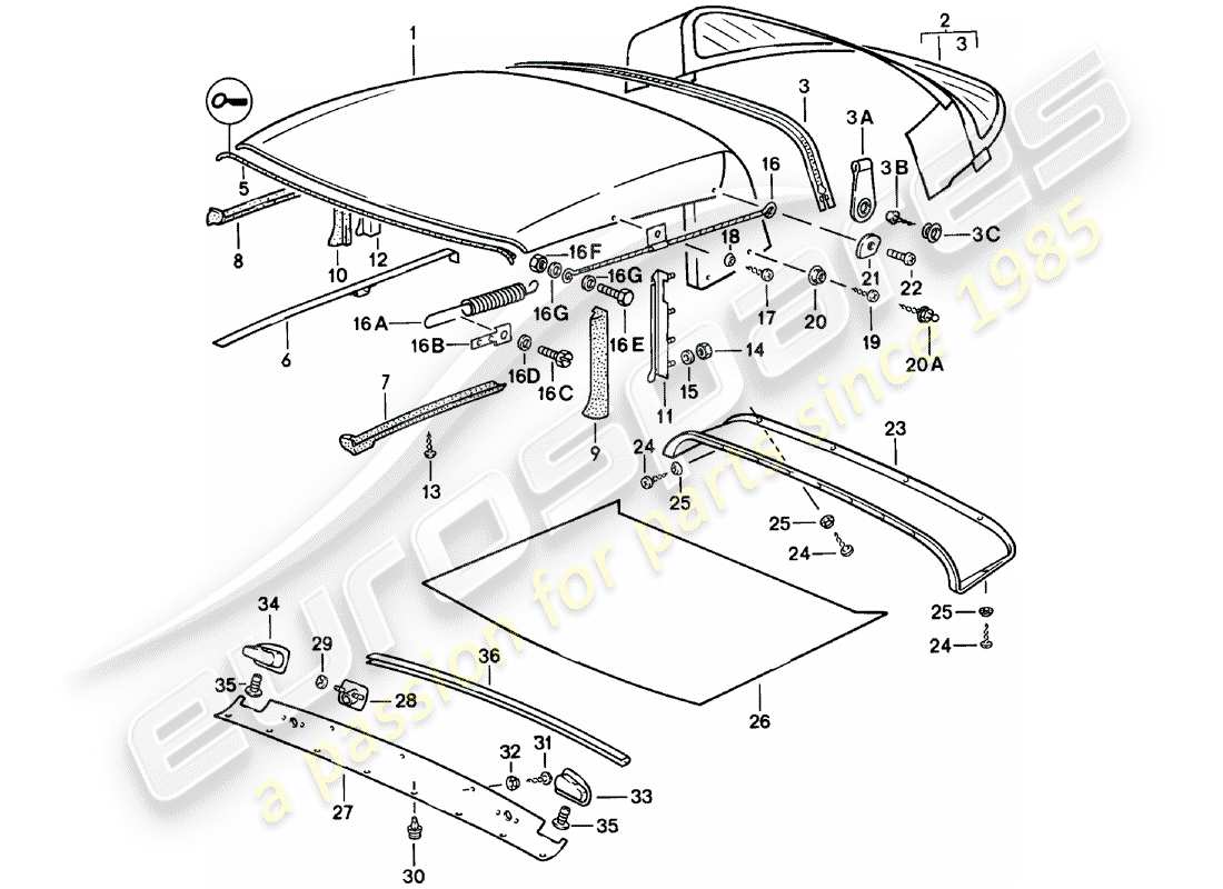 porsche 1982 (911) convertible top - seal strip - single parts part diagram