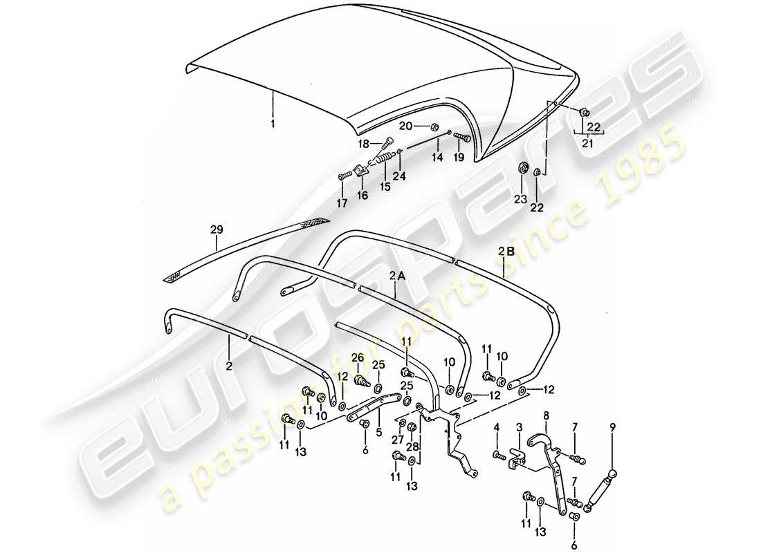 porsche 1987 (911) convertible top covering - top frame - single parts - d - mj 1989>> - mj 1989 part diagram