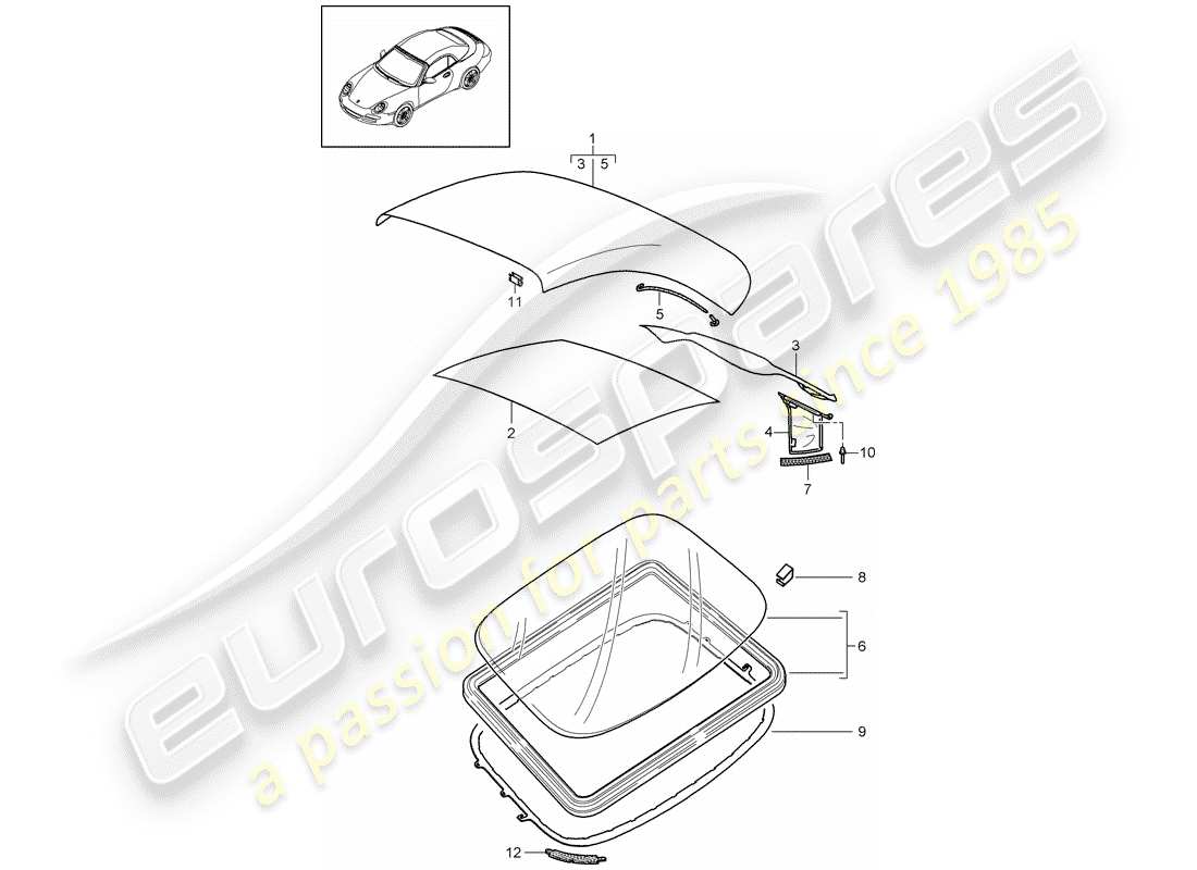 porsche 2010 (997-2) convertible top covering parts diagram