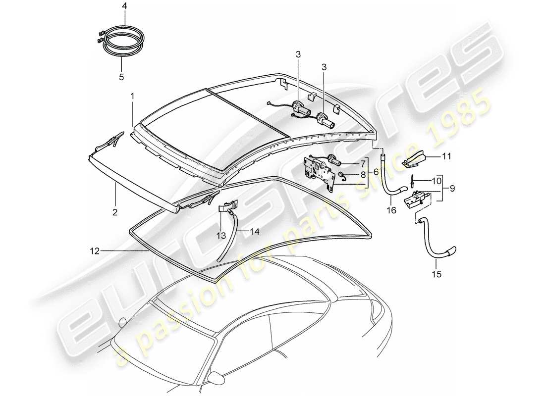 porsche 2000 (996) glass roof part diagram