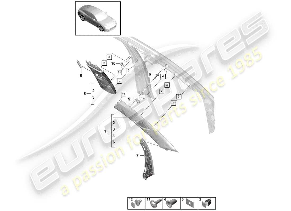 porsche 2018 (panamera 971-1) trim upper a-pillar b-pillar part diagram