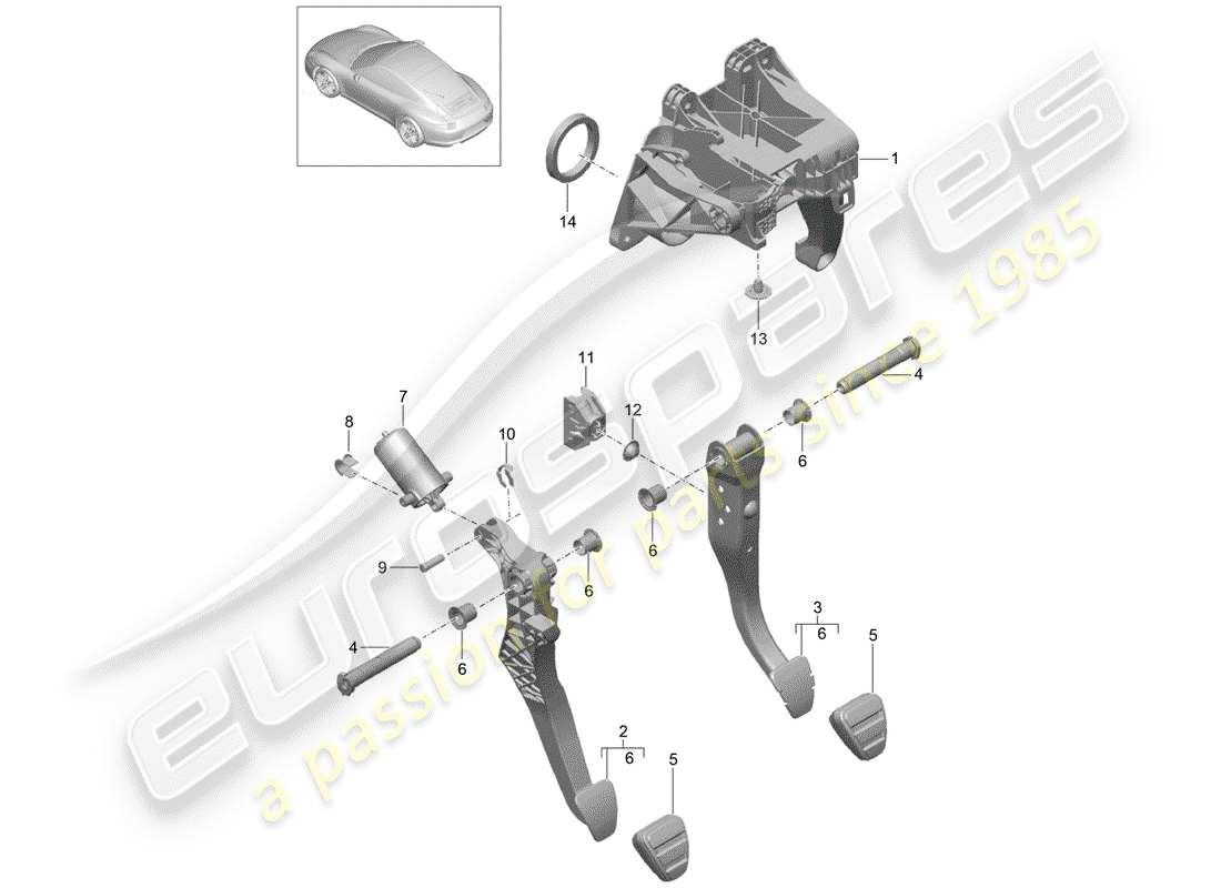 porsche 2014 (991-1) brake and clutch pedals cluster parts diagram