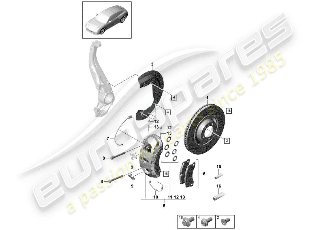 porsche 2018 (panamera 971-1) disc brake front axle part diagram