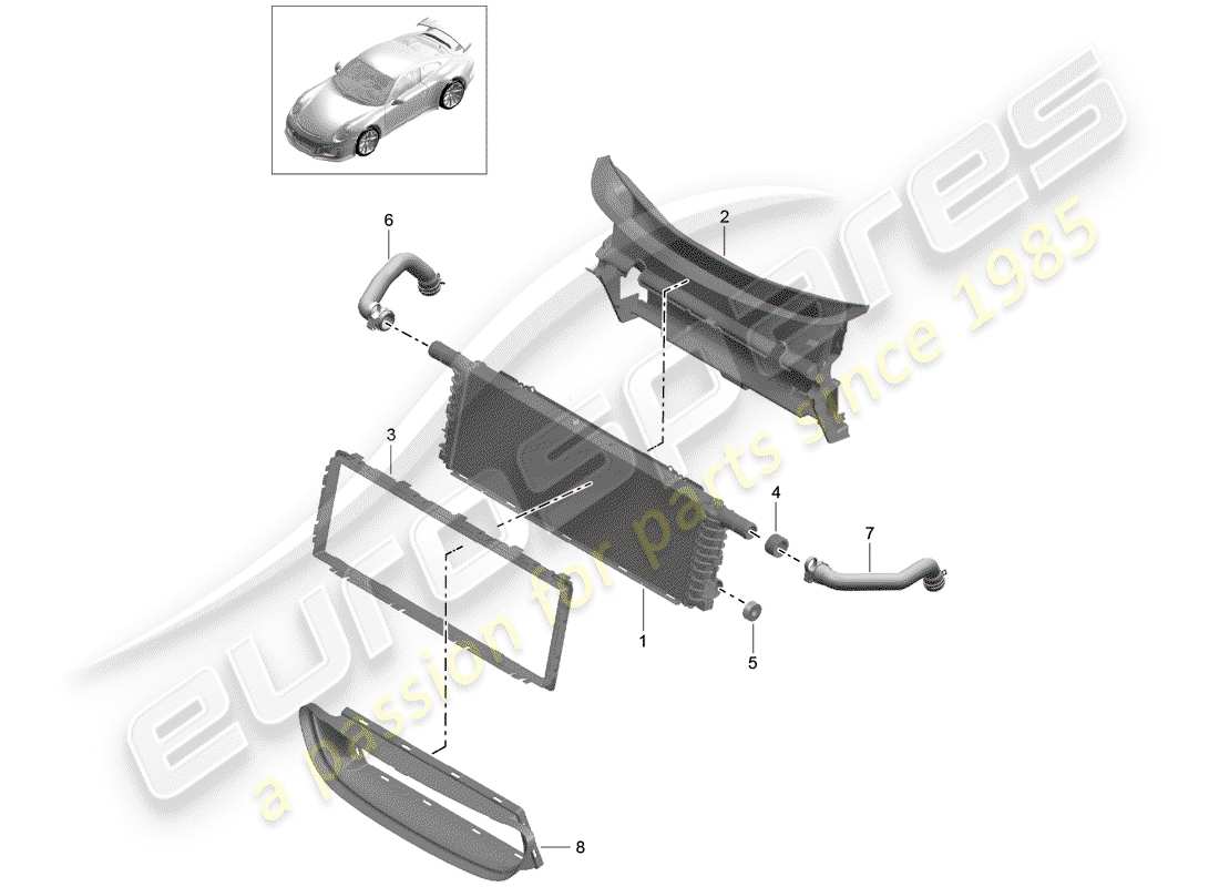 porsche 2014 (991-1 r/gt3/rs) cooler for coolant center part diagram