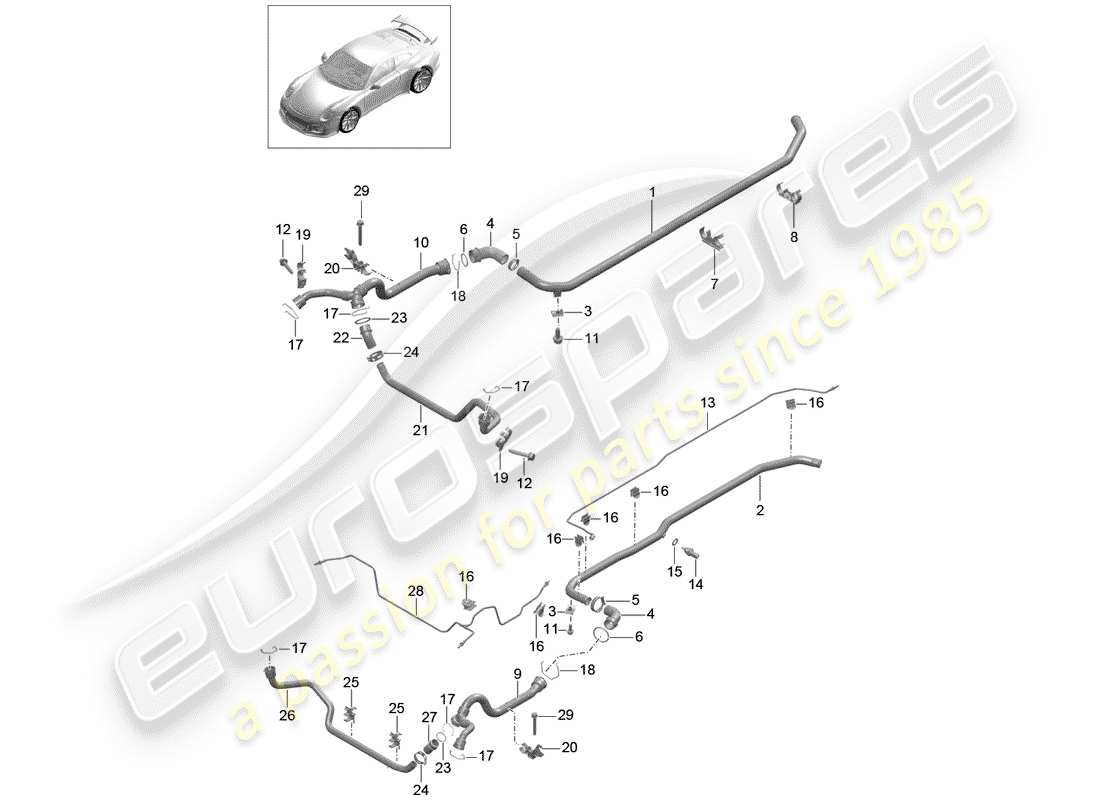 porsche 2015 (991-1 r/gt3/rs) coolant cooling system front end part diagram
