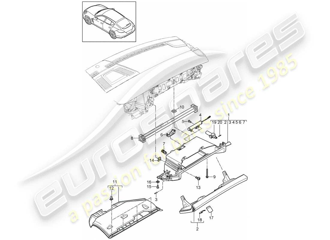 porsche 2012 (panamera 970) instrument panel trim lower (passenger side) part diagram