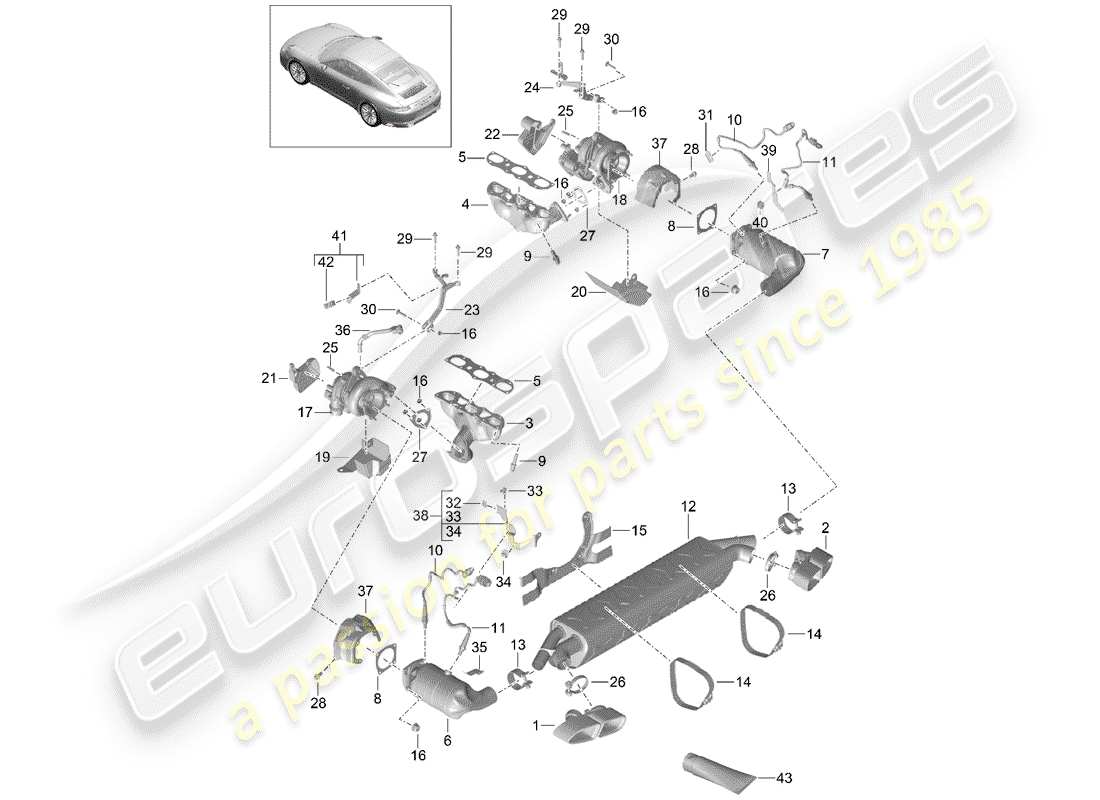 porsche 2014 (991-1 turbo) exhaust system exhaust gas treatment system exhaust gas turbocharger part diagram