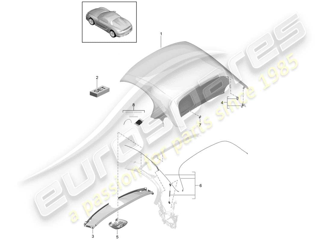 porsche 2016 (981 boxster spyder) convertible top covering liner parts diagram