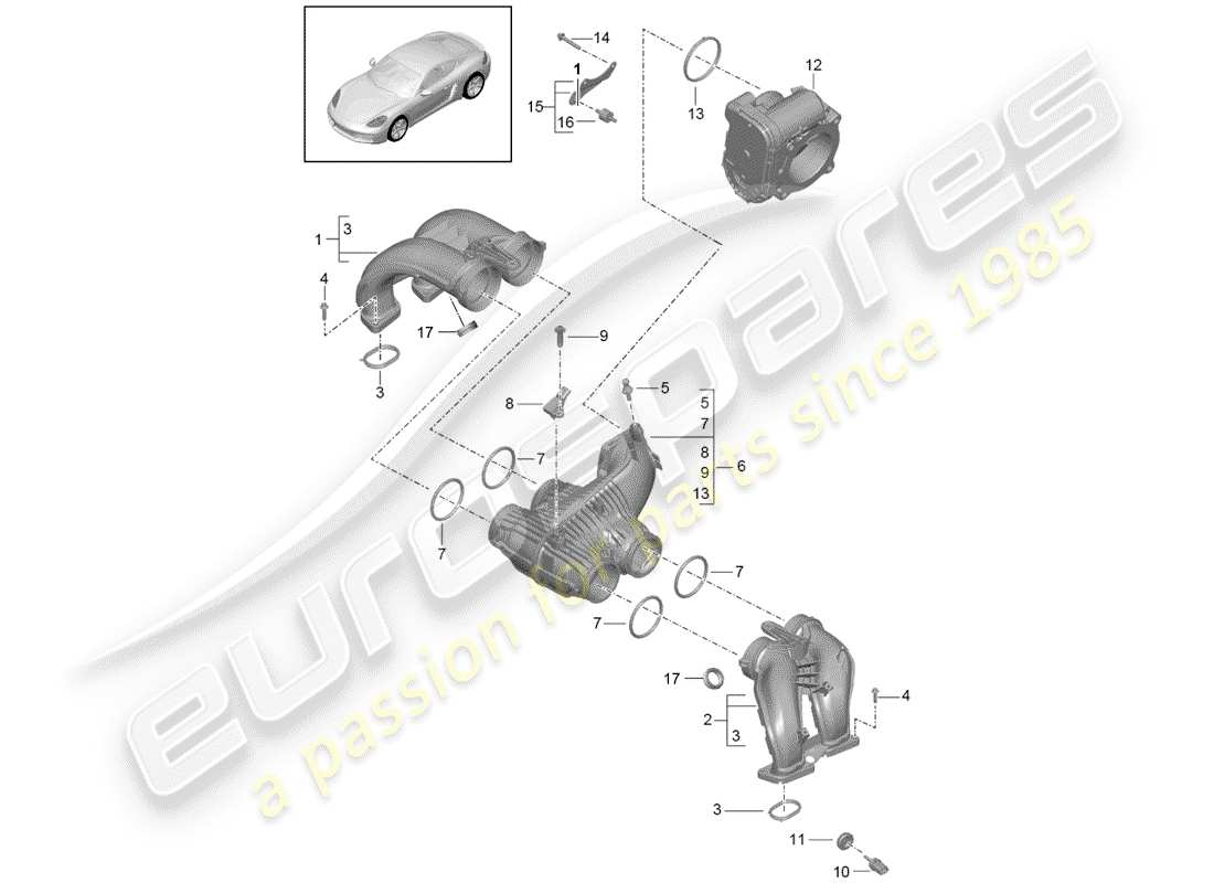 porsche 2017 (718 cayman) intake air distributor throttle valve adapter part diagram
