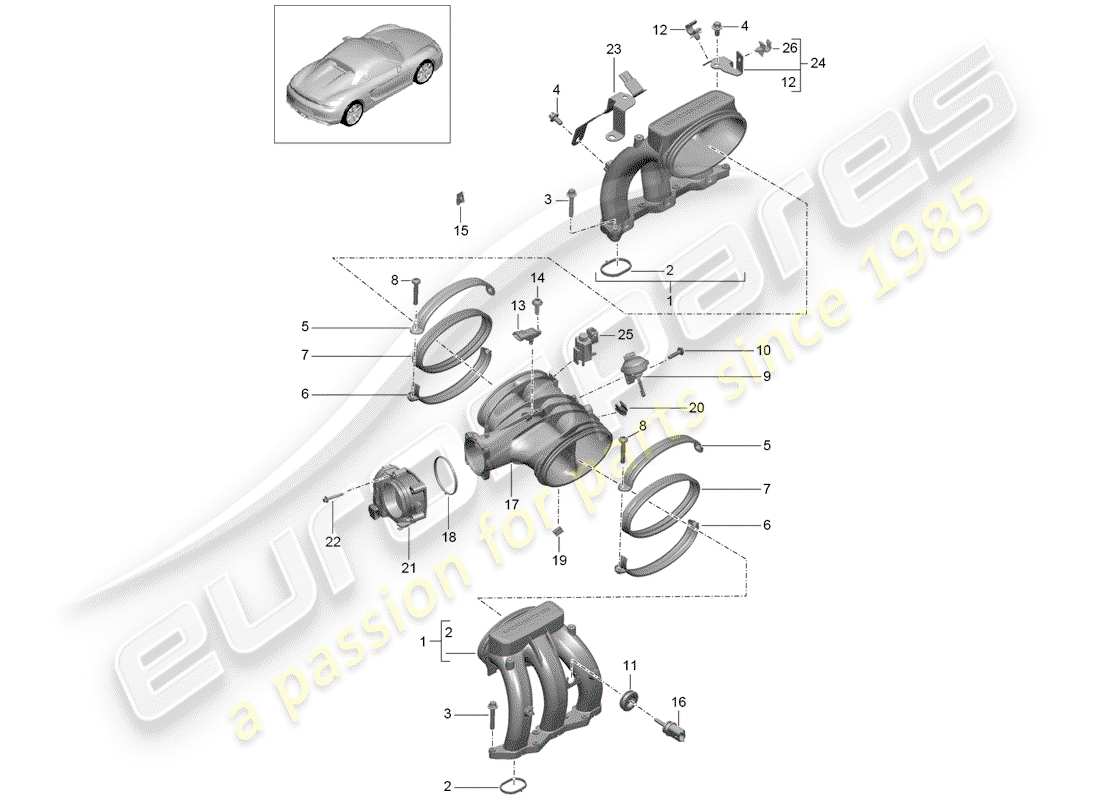 porsche 2016 (981 boxster spyder) intake air distributor throttle valve adapter parts diagram