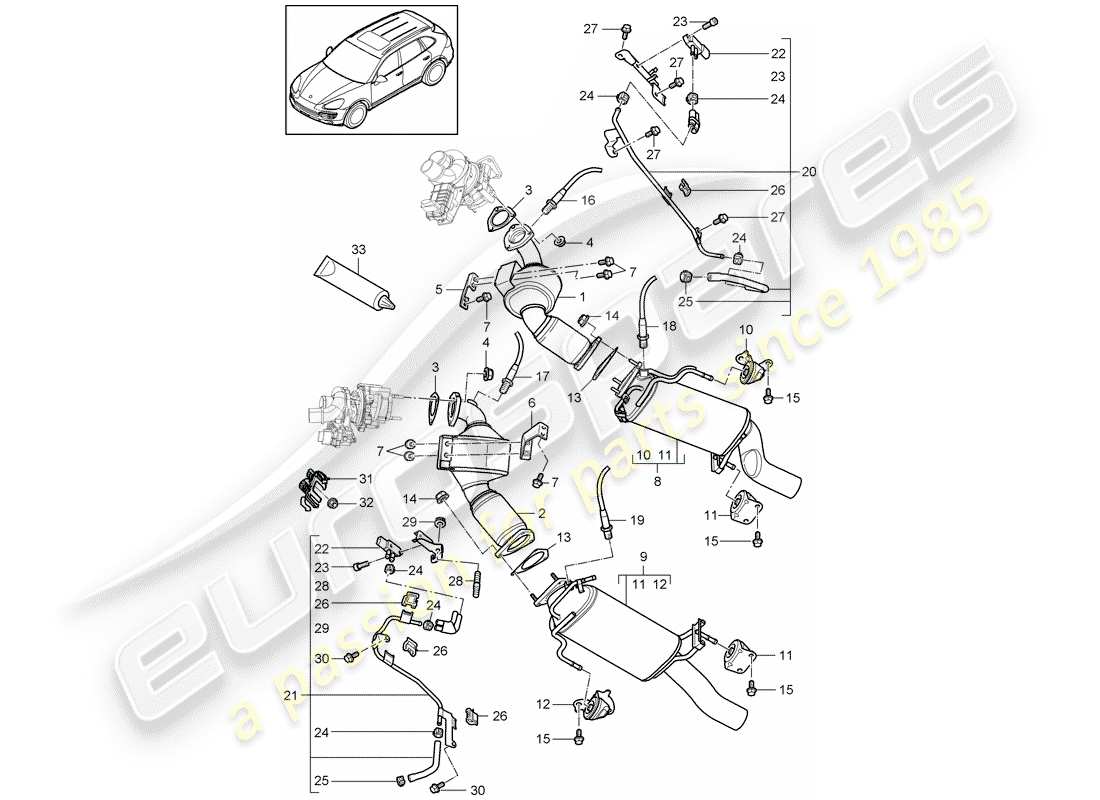 porsche 2016 (cayenne e2 92a) exhaust system exhaust pipe with: catalytic converter diesel particulate filter control line part diagram