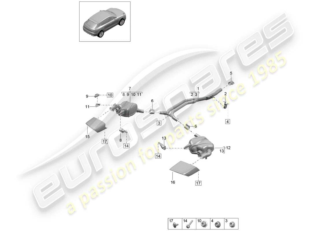 porsche 2020 (macan) exhaust system exhaust pipe rear silencer parts diagram