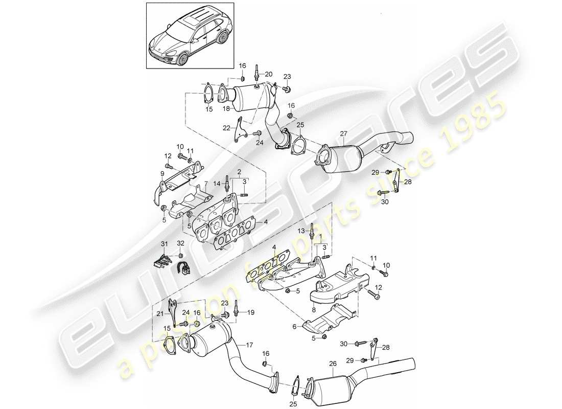 porsche 2014 (cayenne e2 92a) exhaust system exhaust manifolds catalytic converter part diagram