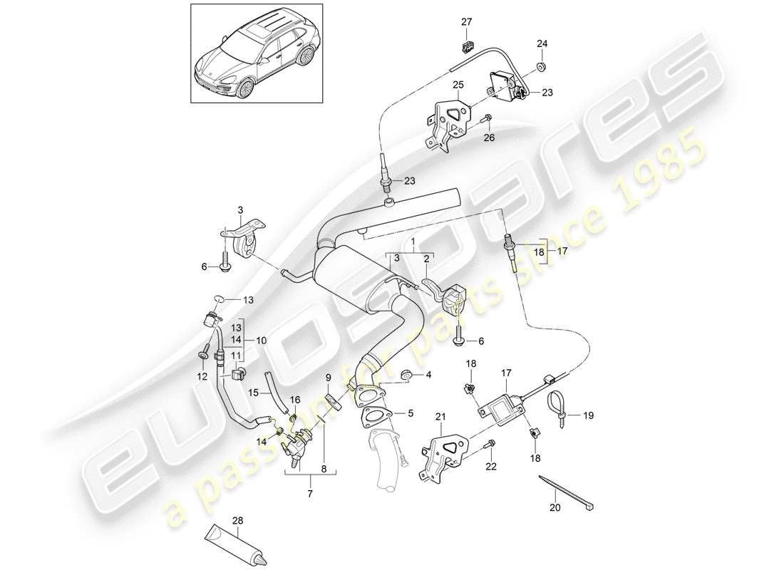 porsche 2015 (cayenne e2 92a) exhaust system catalytic converter injector for reduction agent nox sensor 2 particle sensor part diagram