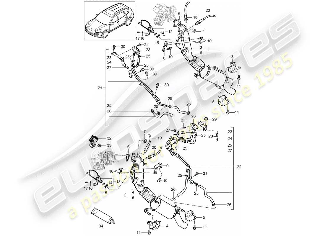 porsche 2016 (cayenne e2 92a) exhaust system exhaust pipe catalytic converter diesel particulate filter control line part diagram