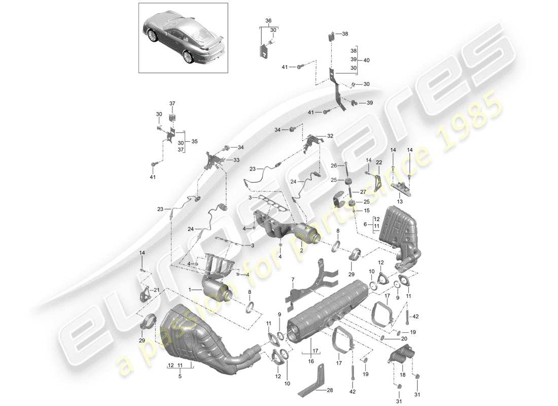 porsche 991r/gt3/rs (2020) exhaust system parts diagram