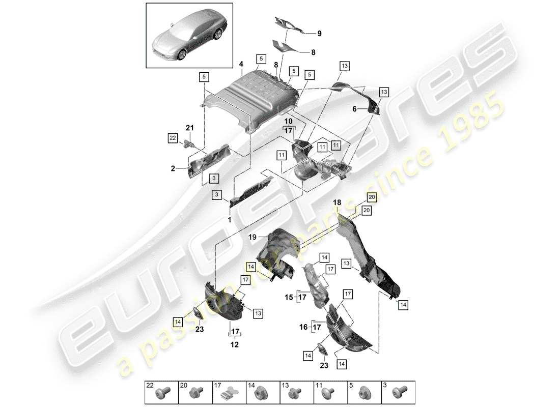 porsche 2017 (panamera 971-1) exhaust system heat insulation air guide channel for vehicles with a petrol particulate filter part diagram